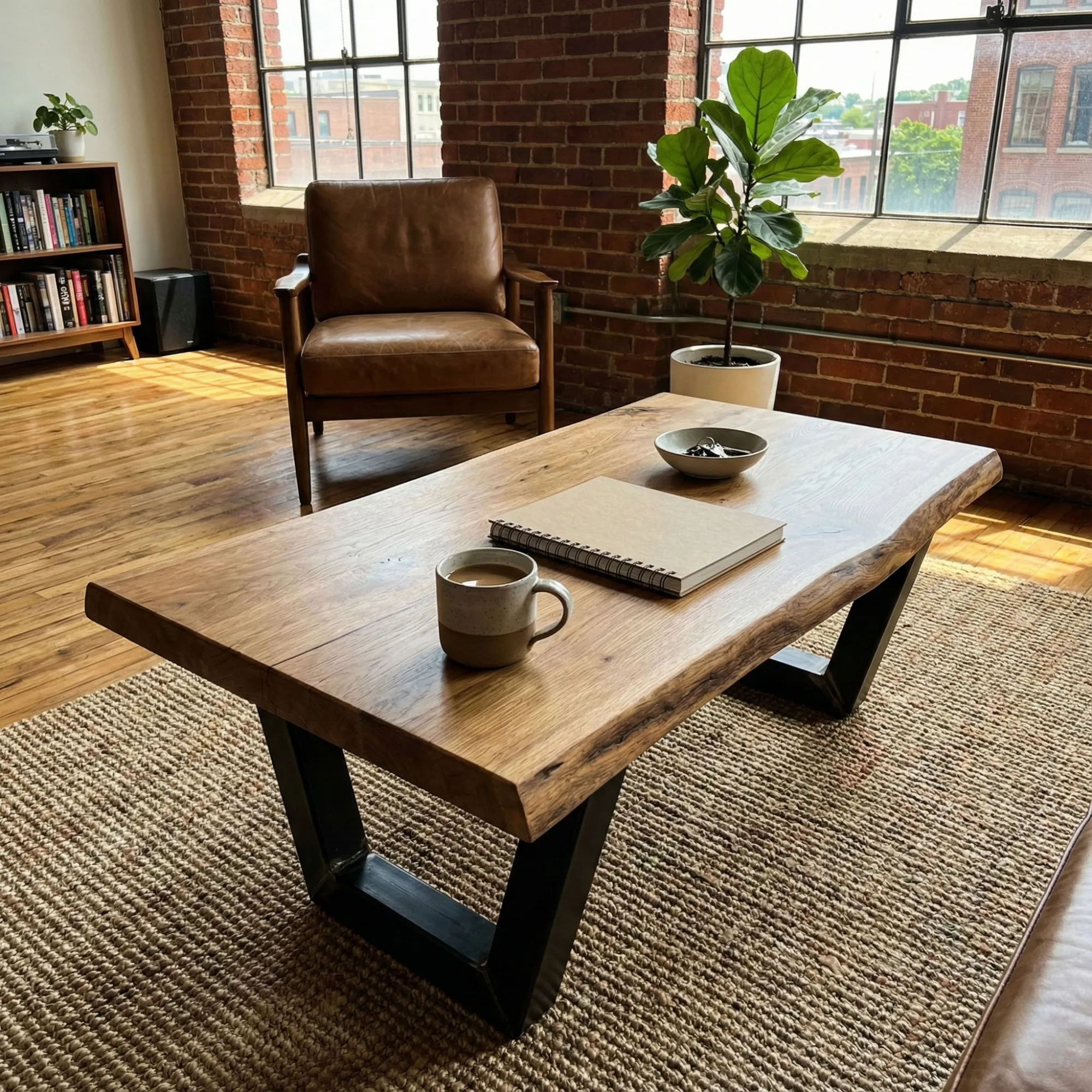 Oval Wood Coffee Table with Steel Base - view 5